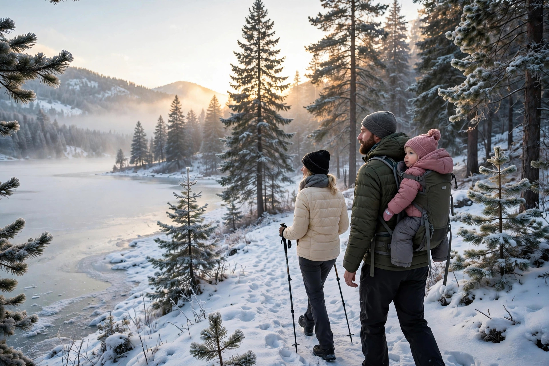 Family walking a snowy forest trail near a frozen lake at sunrise