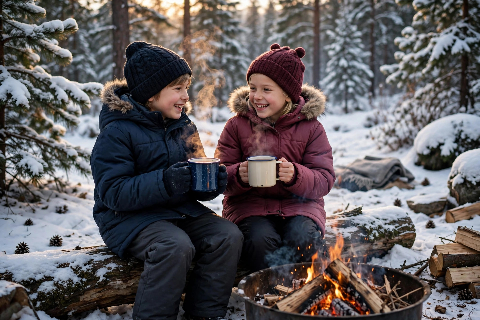 Winter Camping with Kids: How to Stay Warm and Safe in the Snow 12 Two kids in winter coats holding mugs of hot cocoa by a campfire at a snowy campsite