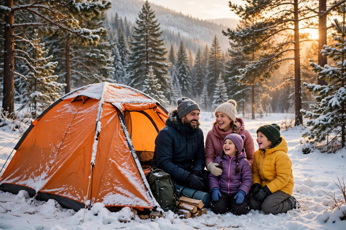 Family winter camping with kids in a snowy pine forest at golden hour