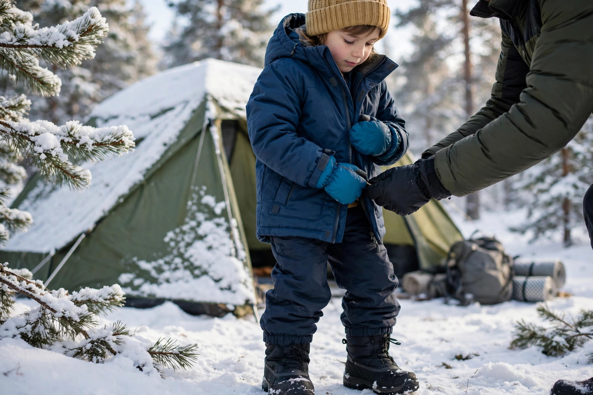 Winter Camping with Kids: How to Stay Warm and Safe in the Snow 10 Child dressed in winter camping layers at a snowy campsite