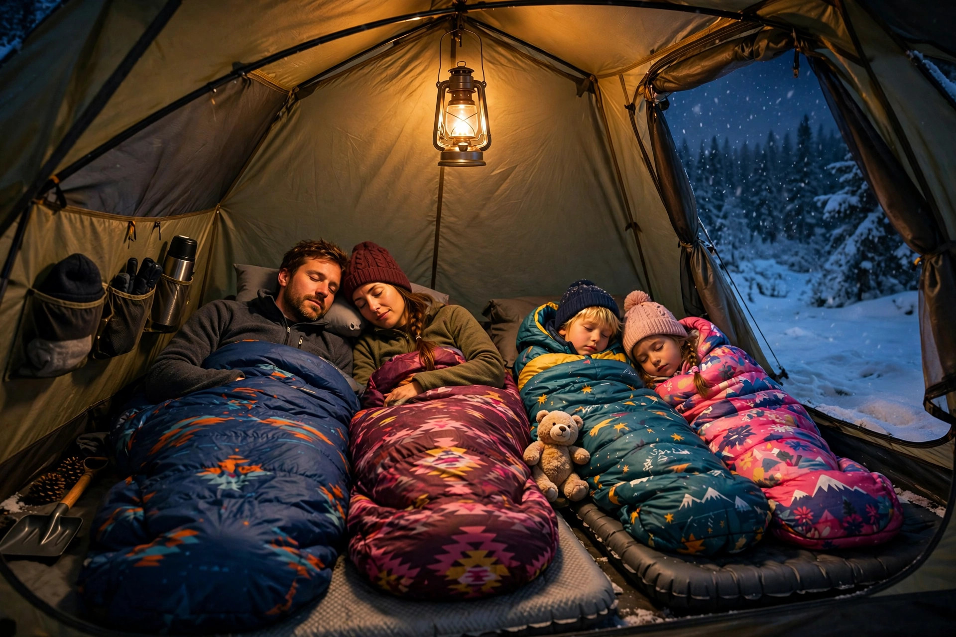 Winter Camping with Kids: How to Stay Warm and Safe in the Snow 11 Family with kids snuggled into sleeping bags inside a winter tent at night, warm lantern glowing, snow outside
