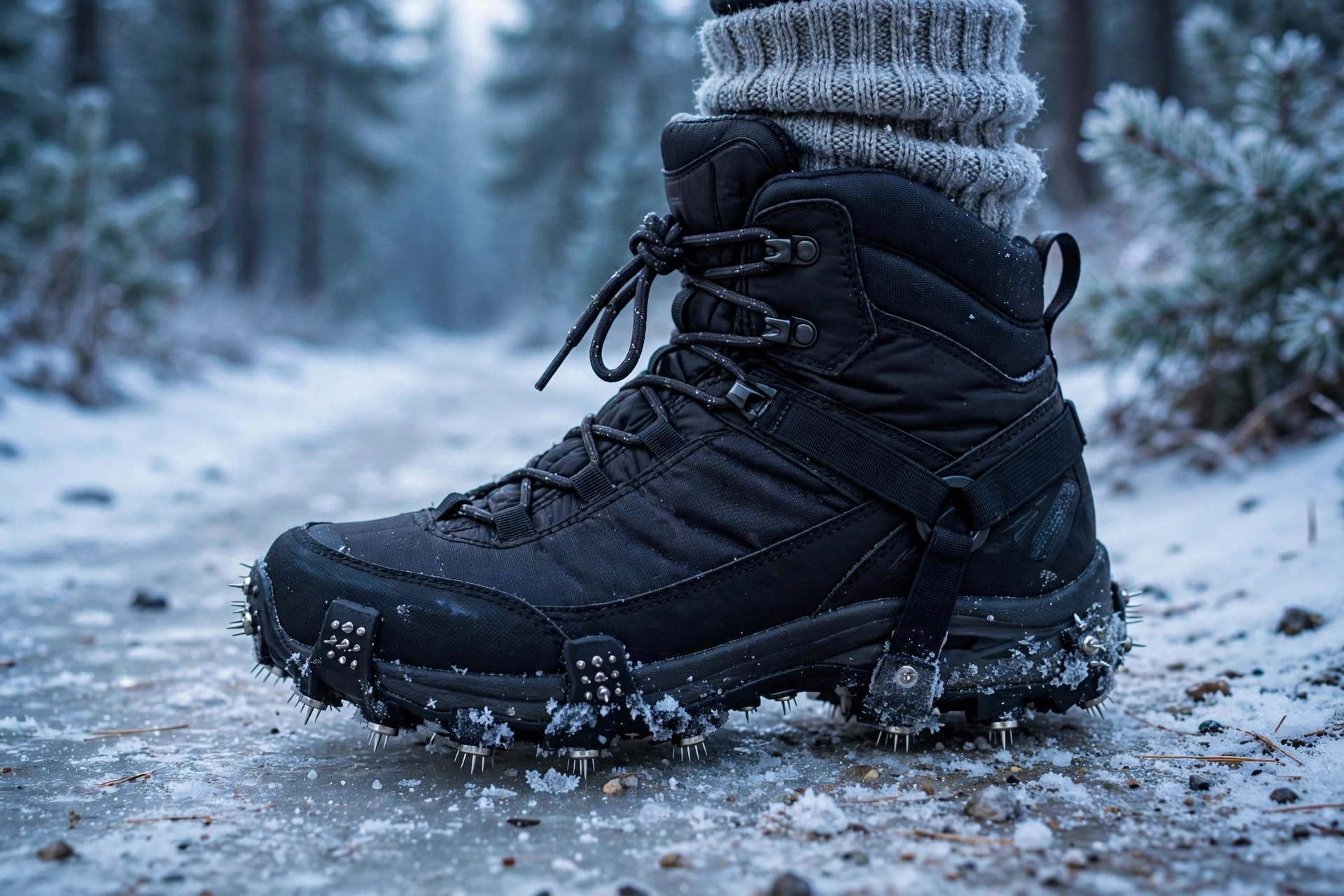 Winter Hiking Clothes for Women 11 Woman's insulated winter hiking boots fitted with microspike traction devices on a snow-dusted icy trail