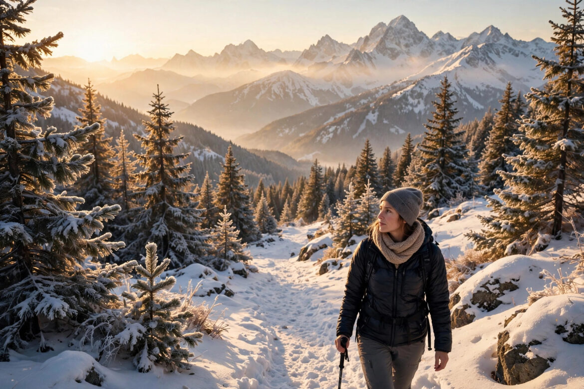 Woman hiking on a snowy mountain trail wearing layered winter hiking clothes