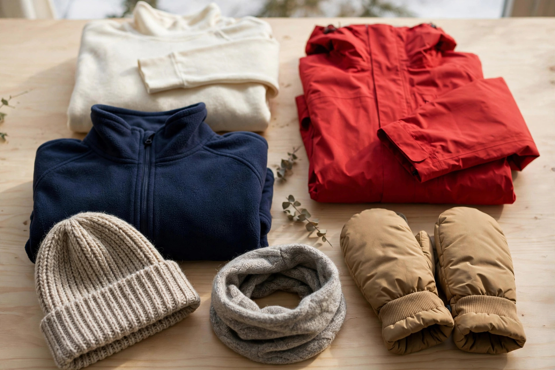 Winter Hiking Clothes for Women 10 Women's winter hiking clothing layers laid out: merino wool base layer, fleece mid layer, waterproof shell jacket, beanie and insulated mittens