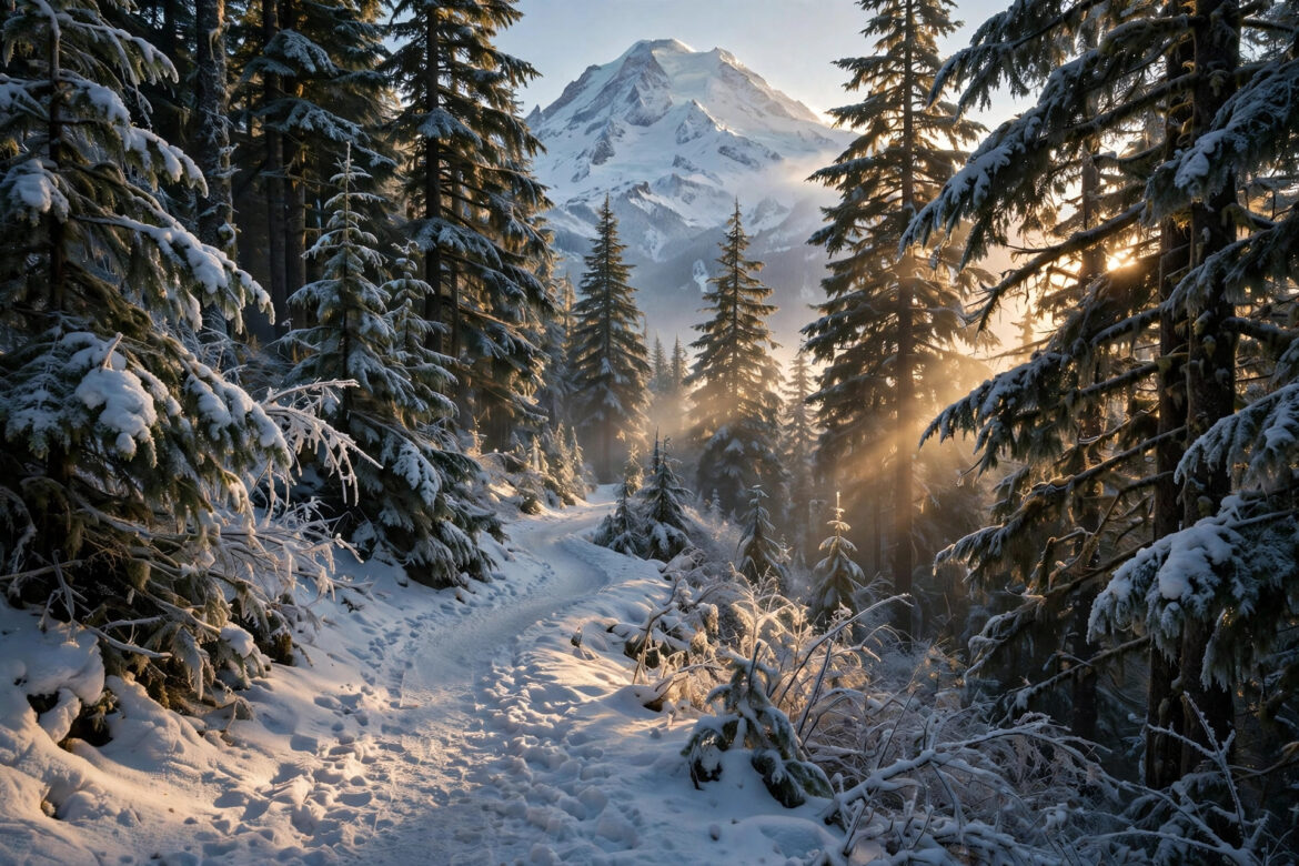 Snowy winter hiking trail near Seattle with snow-covered evergreens and a mountain peak