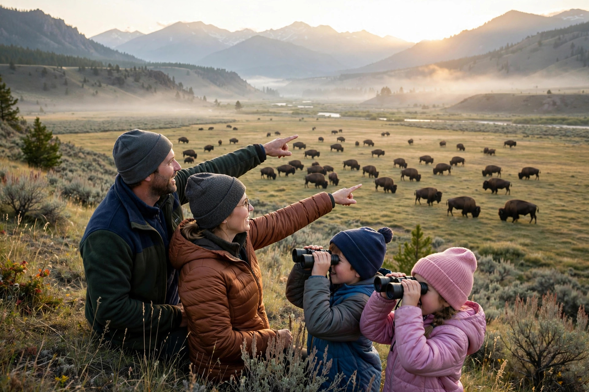 5 Days in Yellowstone with Kids: Family Itinerary 11 Family watching bison in Lamar Valley Yellowstone