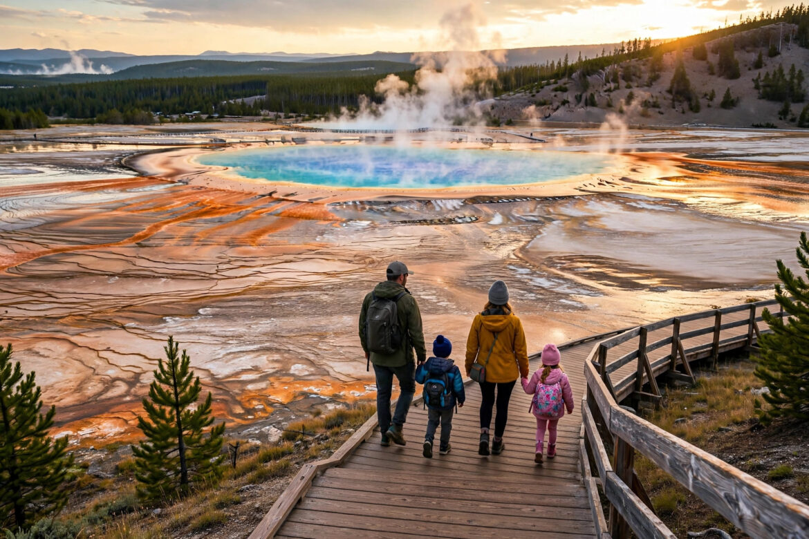Family with young kids walking the boardwalk at Yellowstone Grand Prismatic Spring