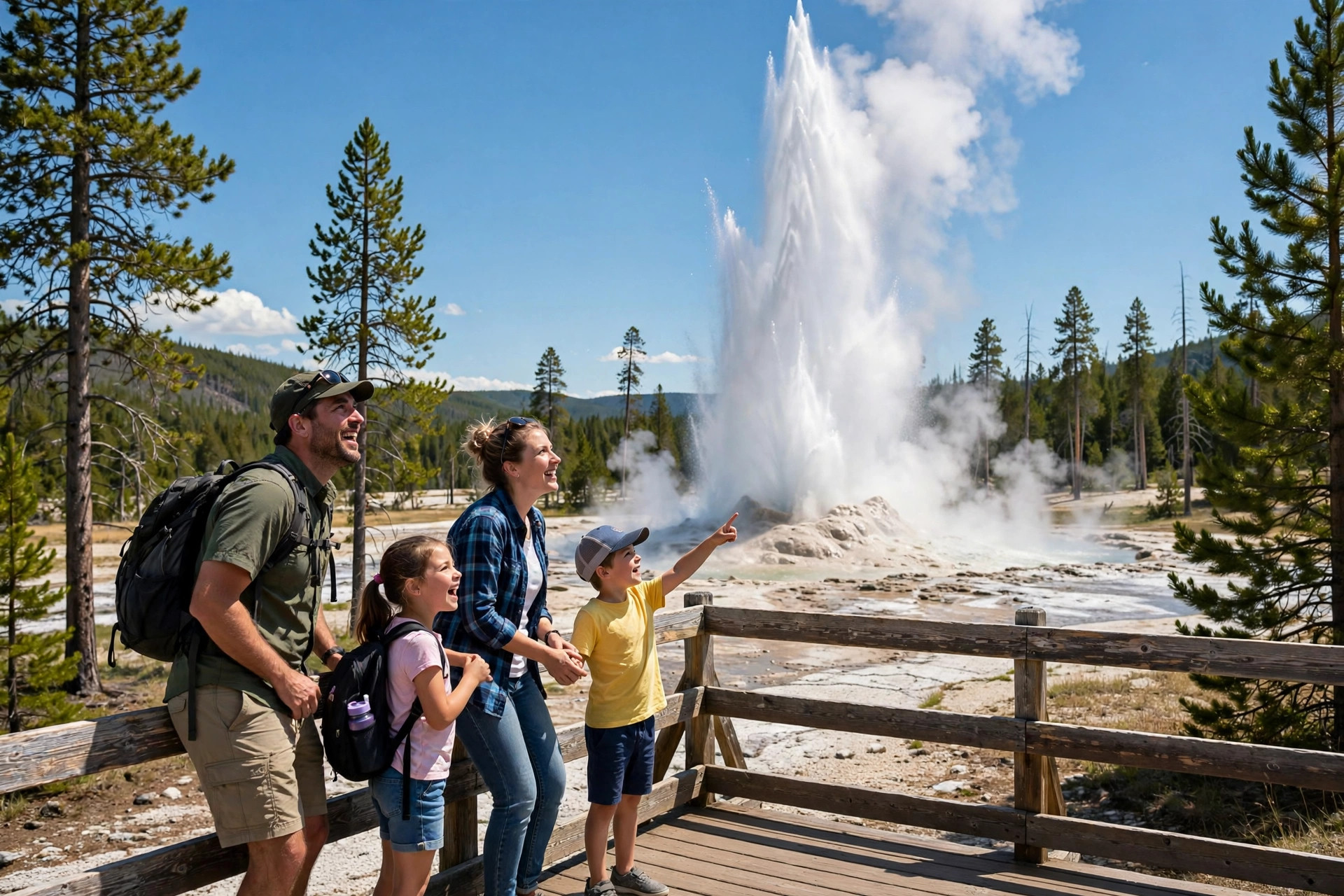 5 Days in Yellowstone with Kids: Family Itinerary 10 Kids watching Old Faithful geyser erupt in Yellowstone