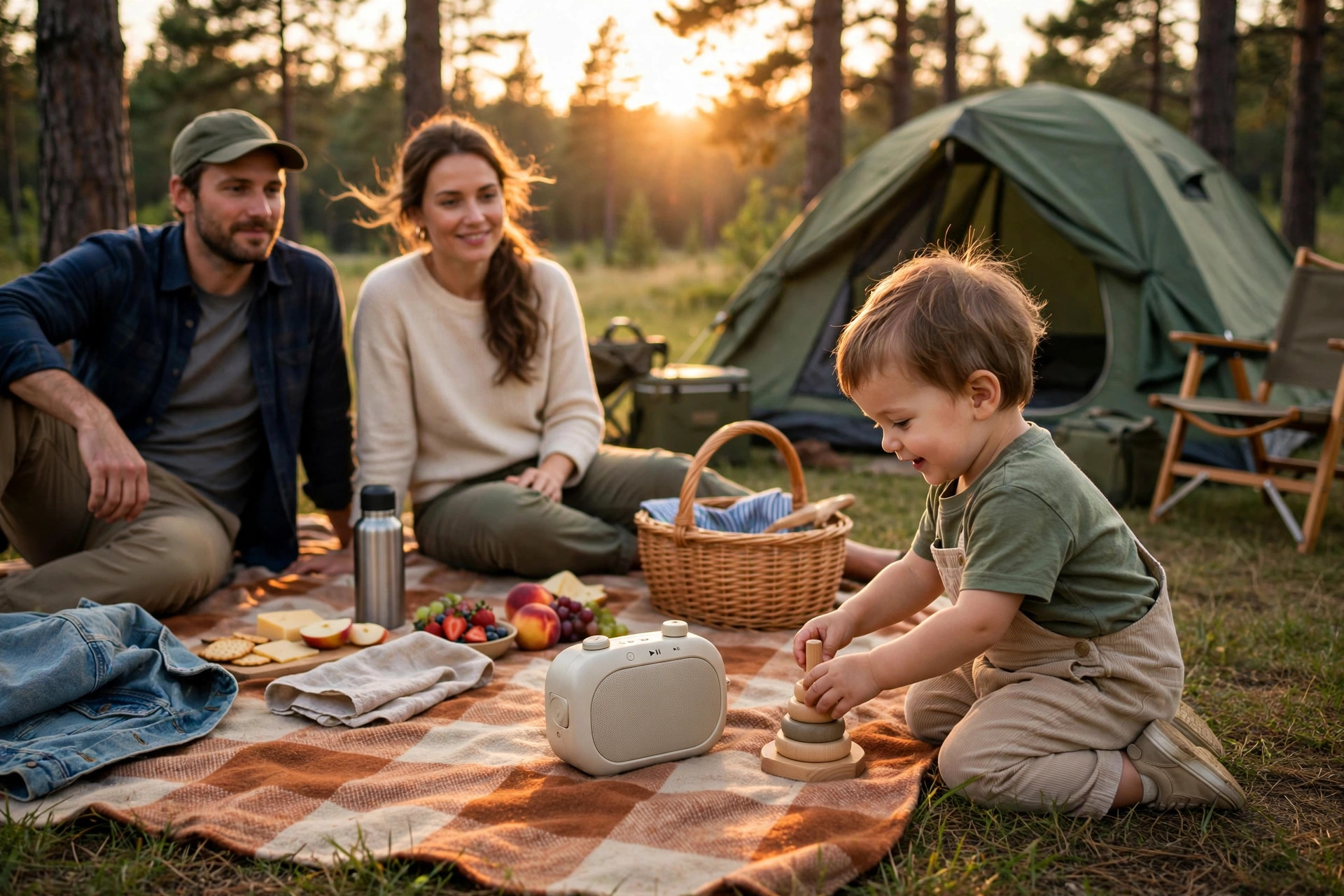Best YOTO Cards for Toddlers 12 Family campsite with a portable Yoto Mini player on a picnic blanket at golden hour