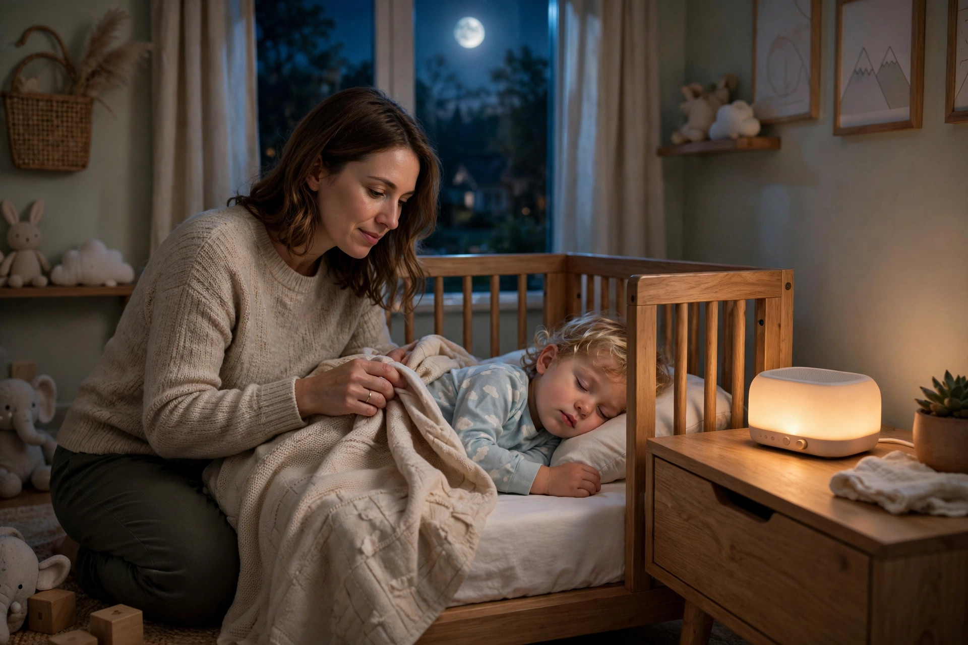 Best YOTO Cards for Toddlers 10 Mother tucking toddler into bed with a Yoto player night light glowing beside the crib