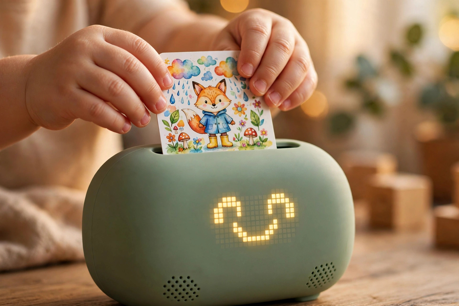 Yoto Player vs Mini 10 Toddler hands inserting picture card into Yoto Player slot