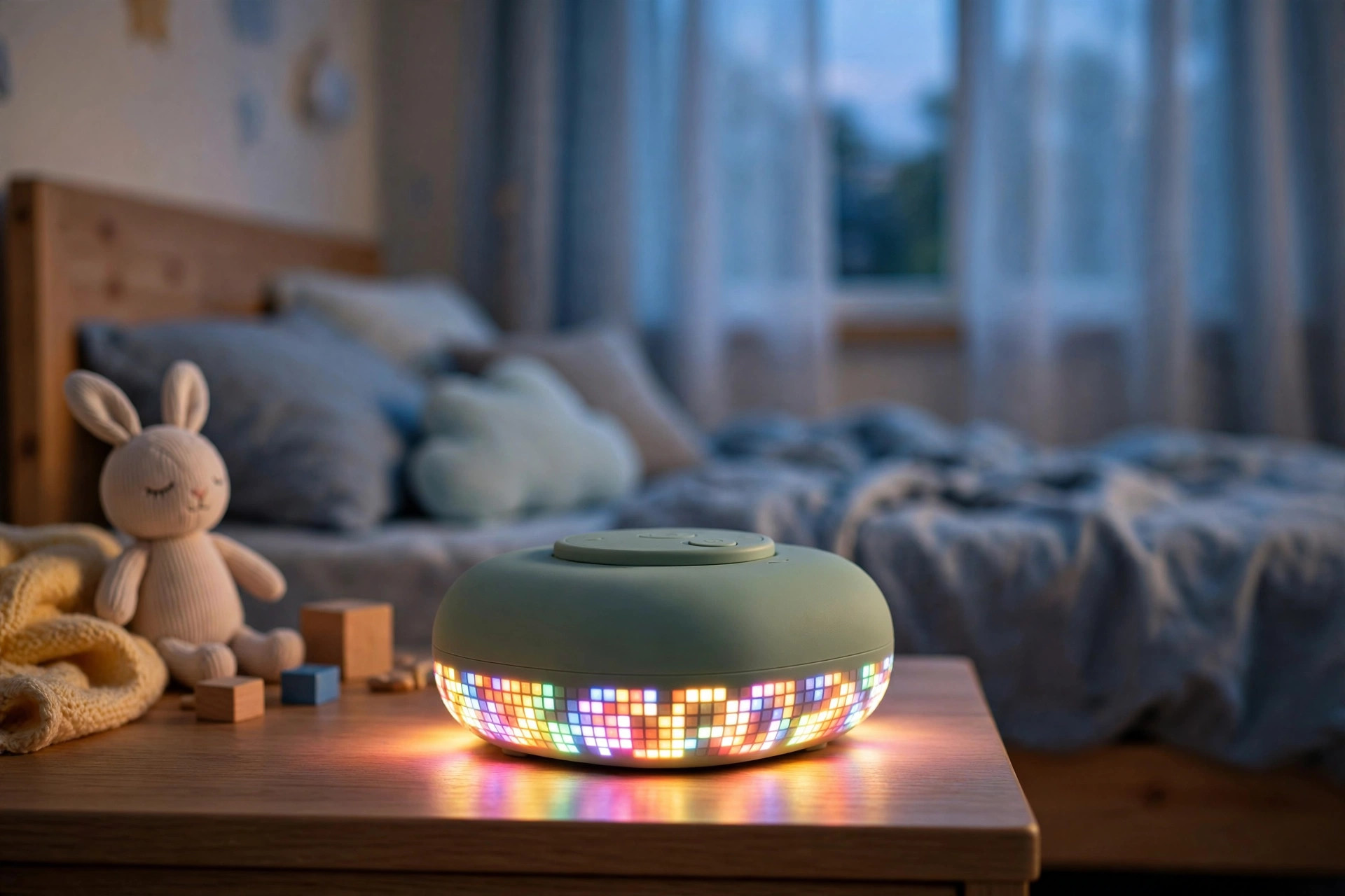 Yoto Player vs Mini 11 Yoto Player glowing as nightlight in kids bedroom at dusk